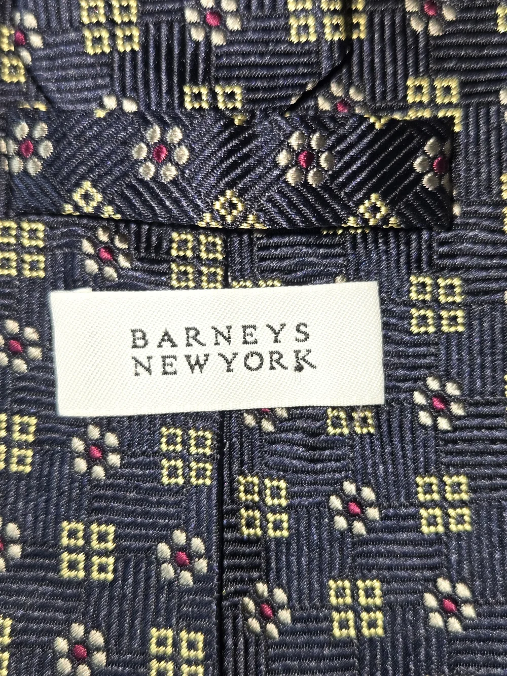 Barneys New York 100% Silk Navy Gold Geometric Floral Italian Tie